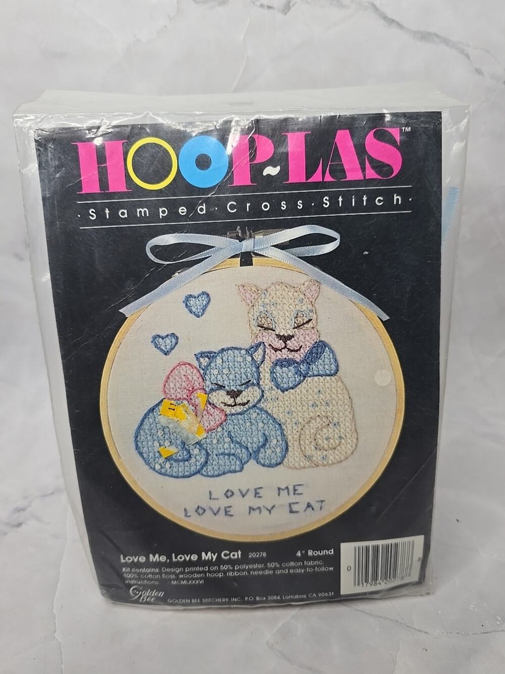 Vintage Golden Bee Hooplas Stamped Cross Stitch Love Me Love My Cat